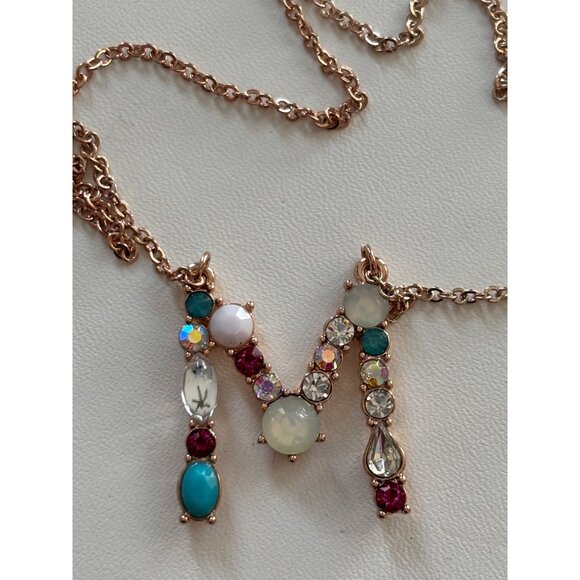 Personalized Letter M Necklace With Gemstones & Rose Gold Chain - Picture 3 of 9